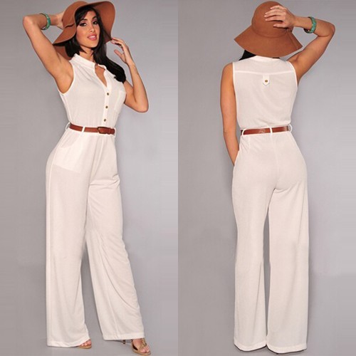 F2449 Stylish V Neck Sleeveless Button Design Wide Leg Jumpsuit For Women